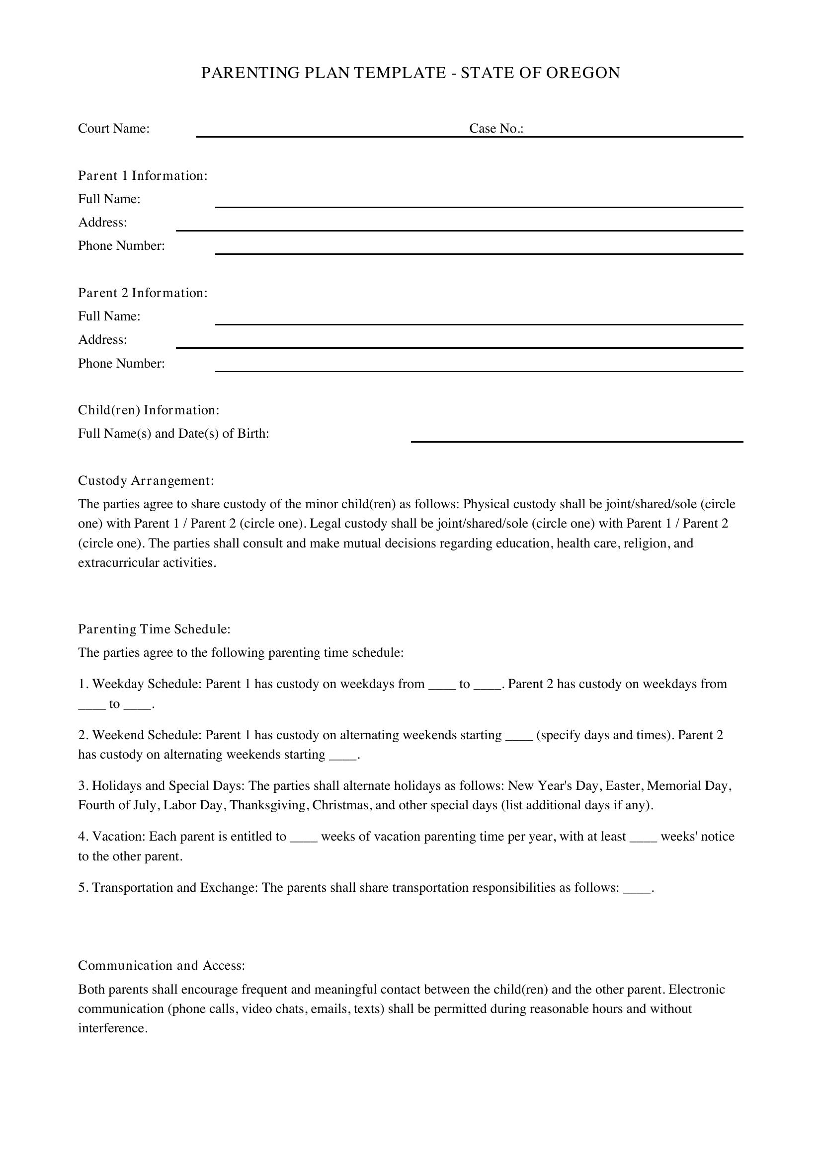 Parenting Plan Template Oregon