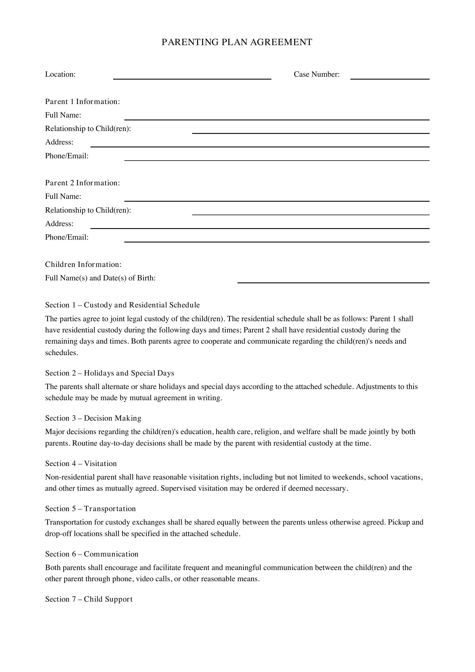 Parenting Plan Template