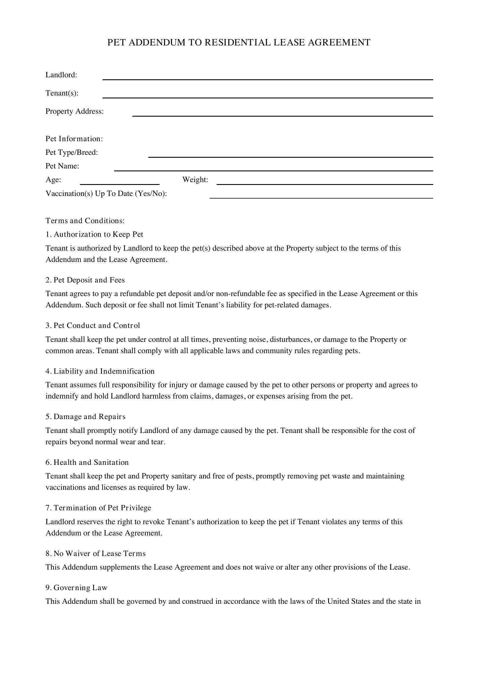 Pet Addendum Template