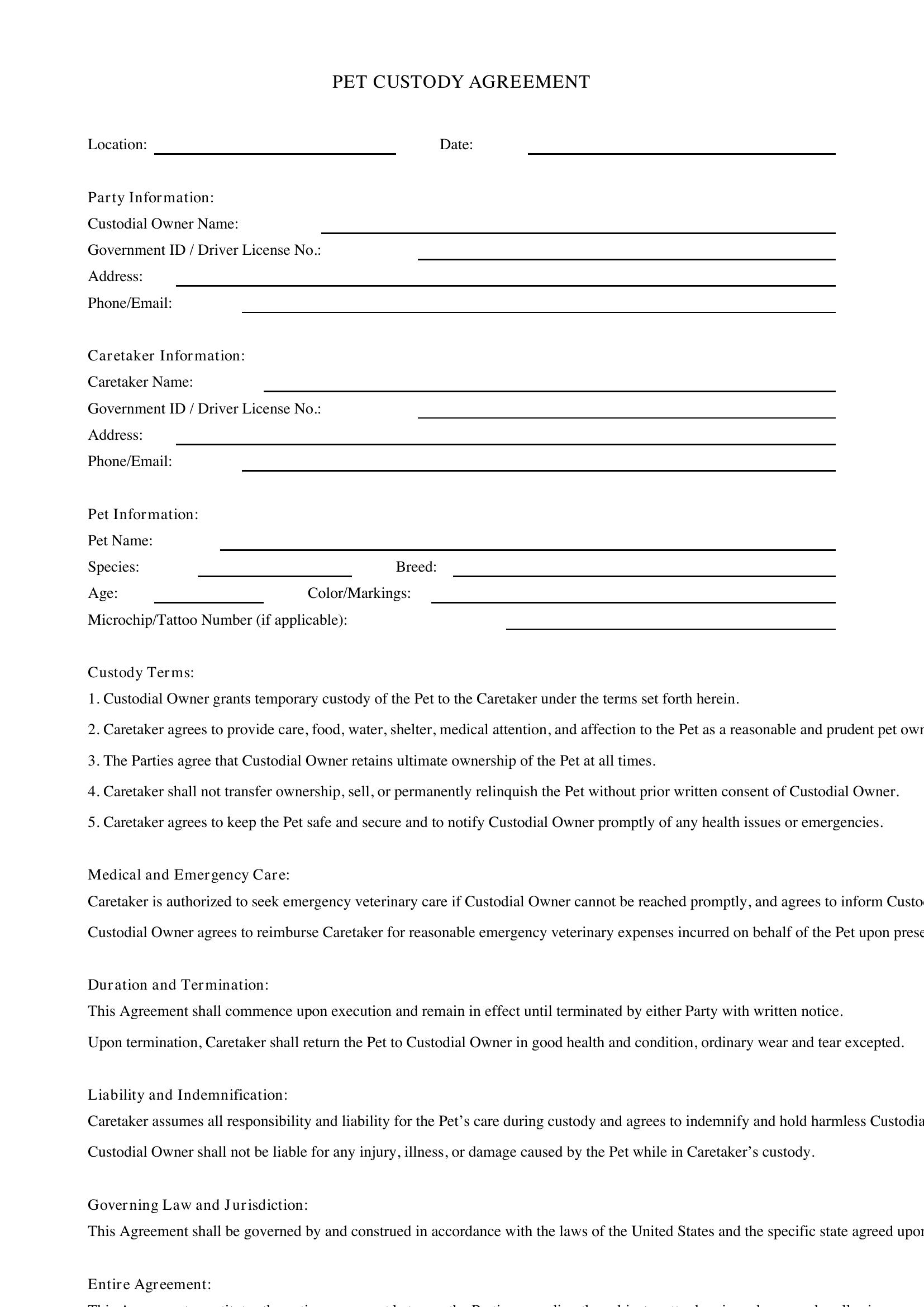 Pet Custody Agreement Template
