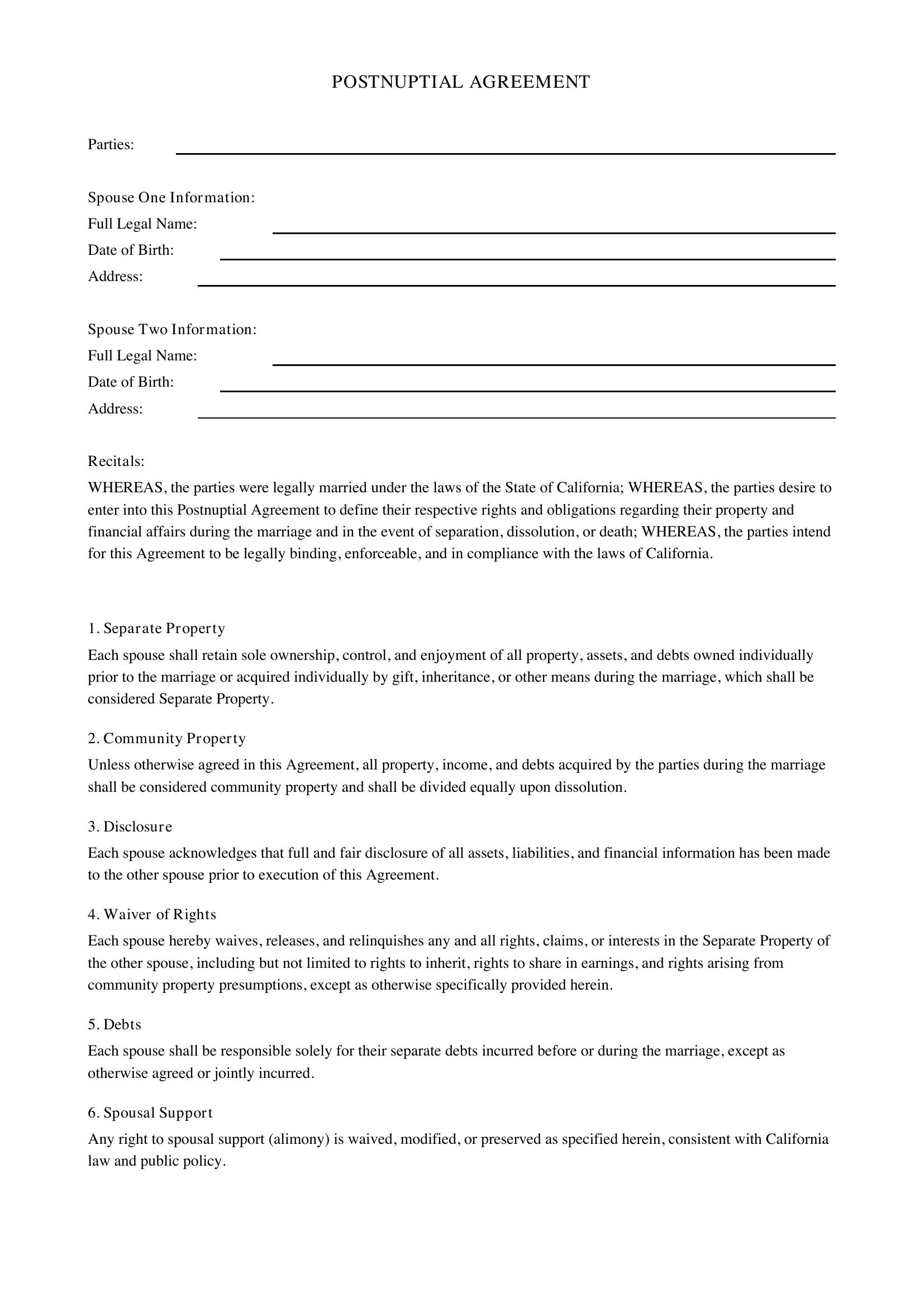 Postnuptial Agreement California Template