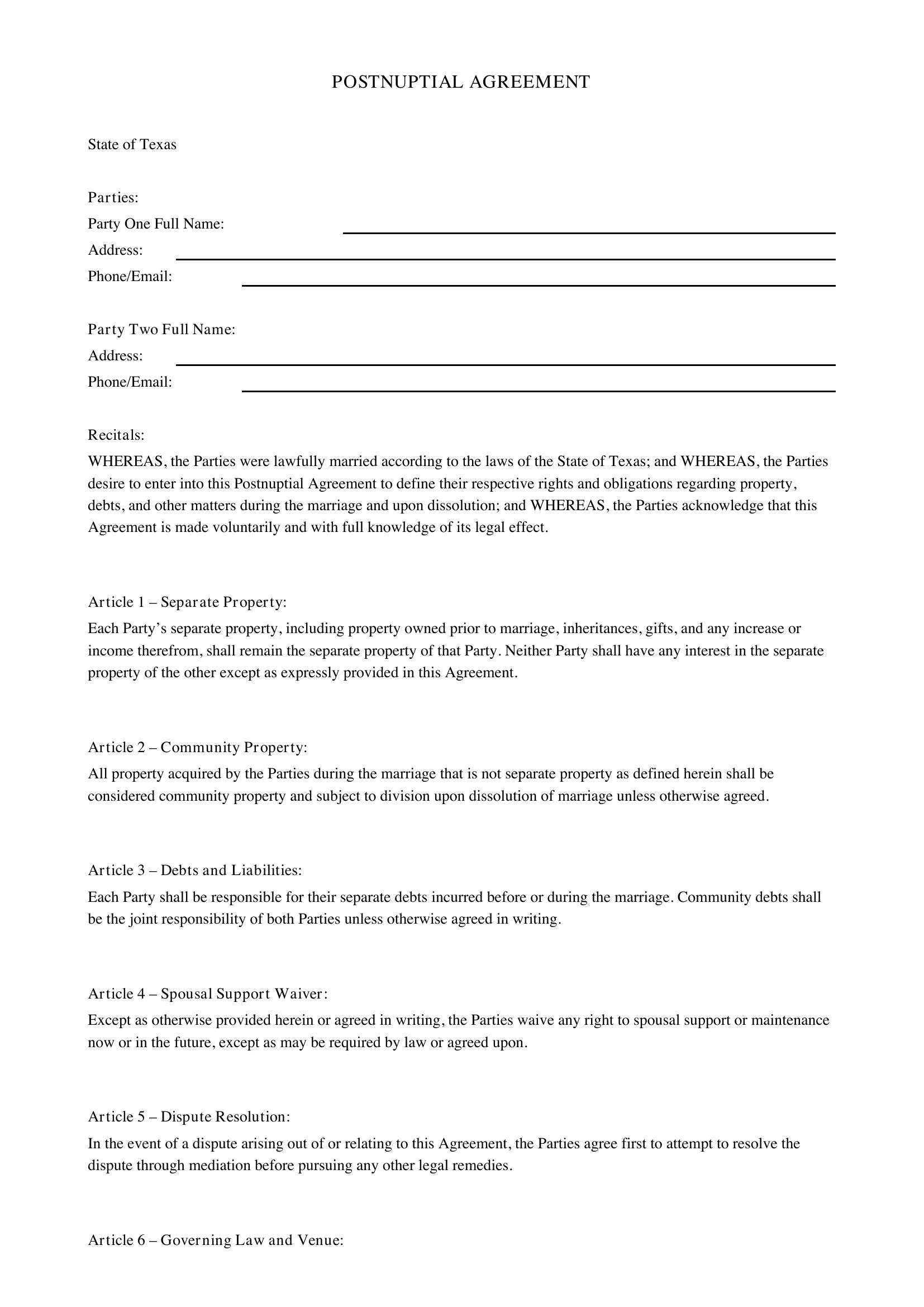 Postnuptial Agreement Texas Template