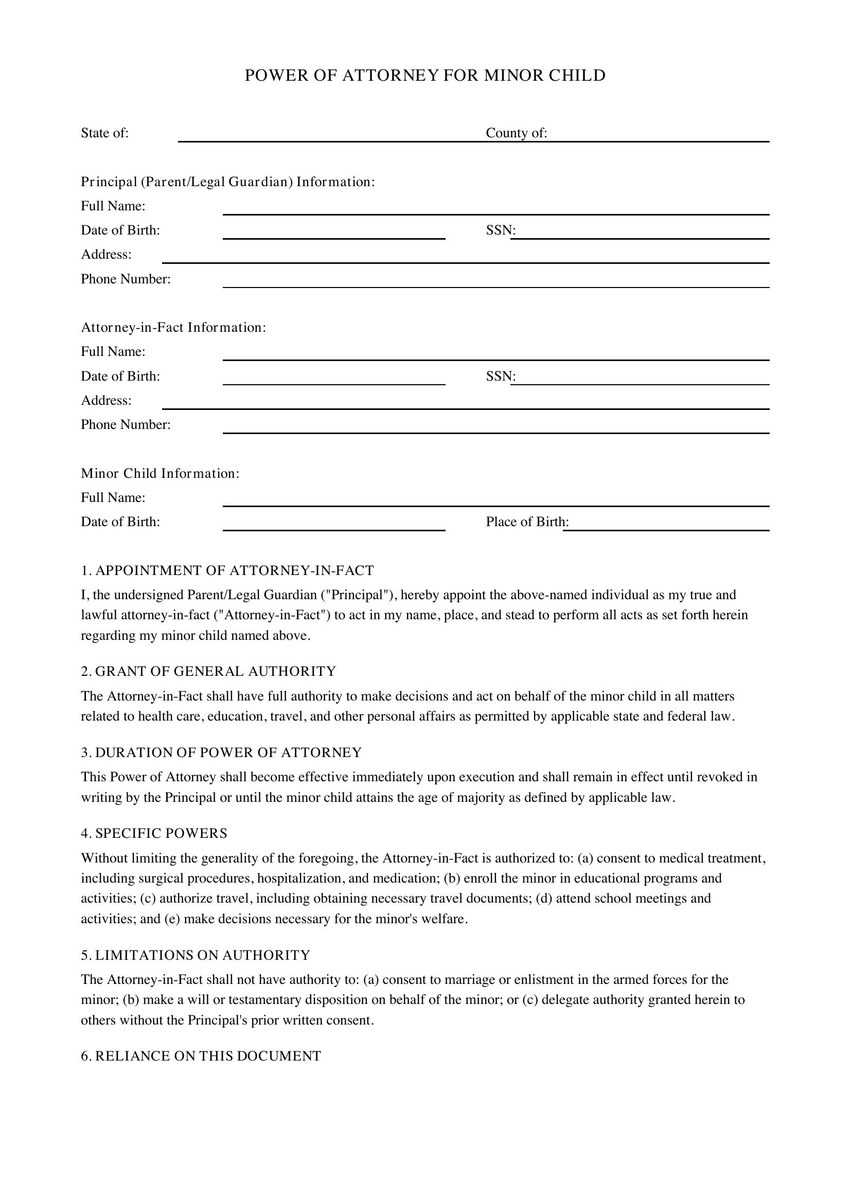 Power Of Attorney For Minor Child Template