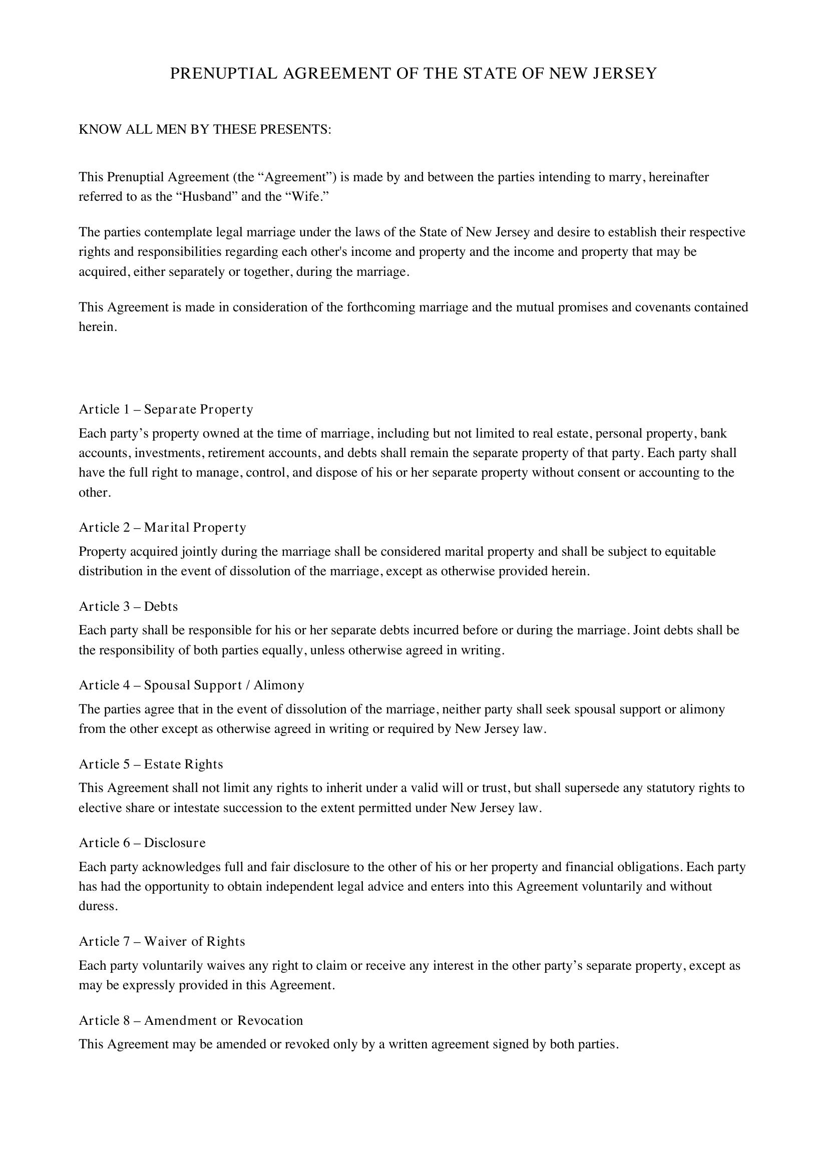 Prenuptial Agreement Nj Template