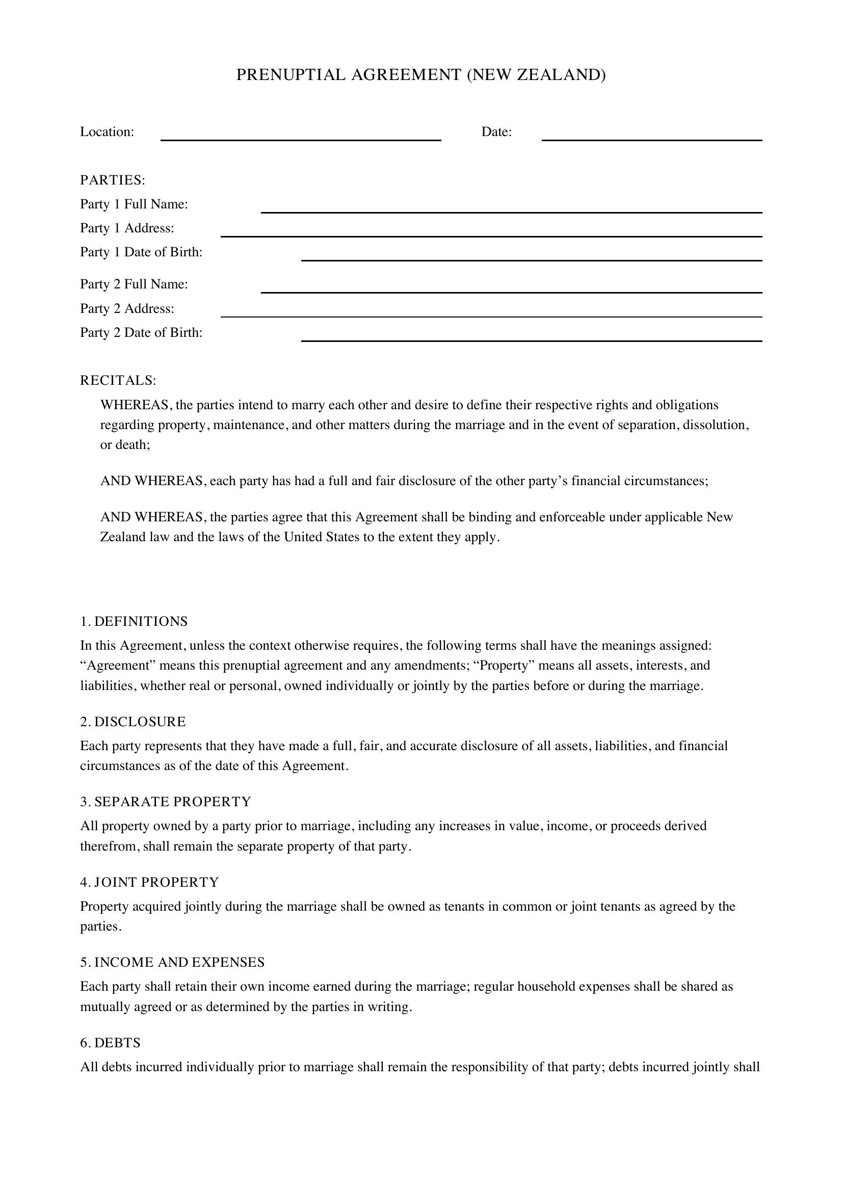 Prenuptial Agreement Template Nz