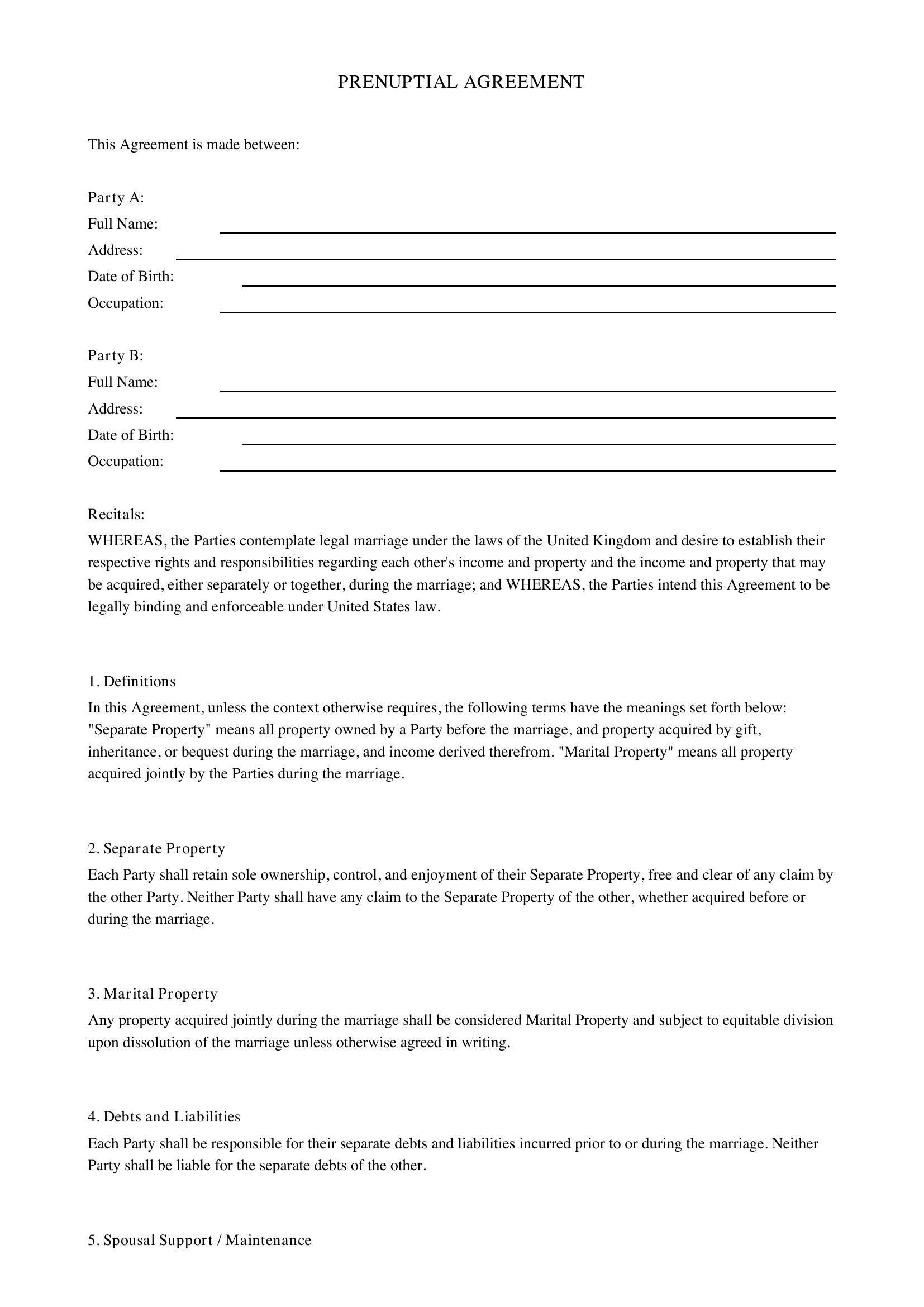 Prenuptial Agreement Uk Template