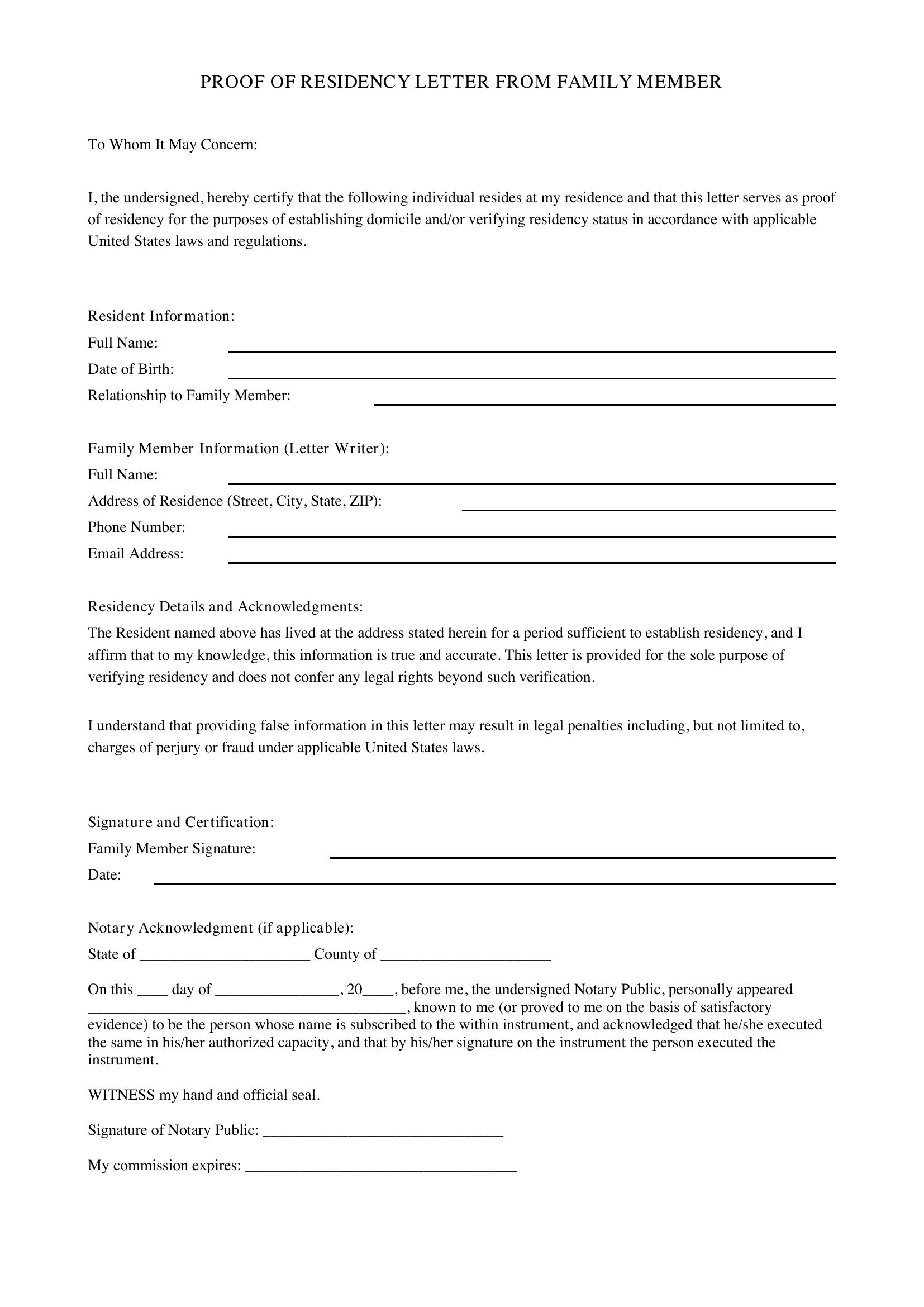 Proof Of Residency Letter From Family Member Template