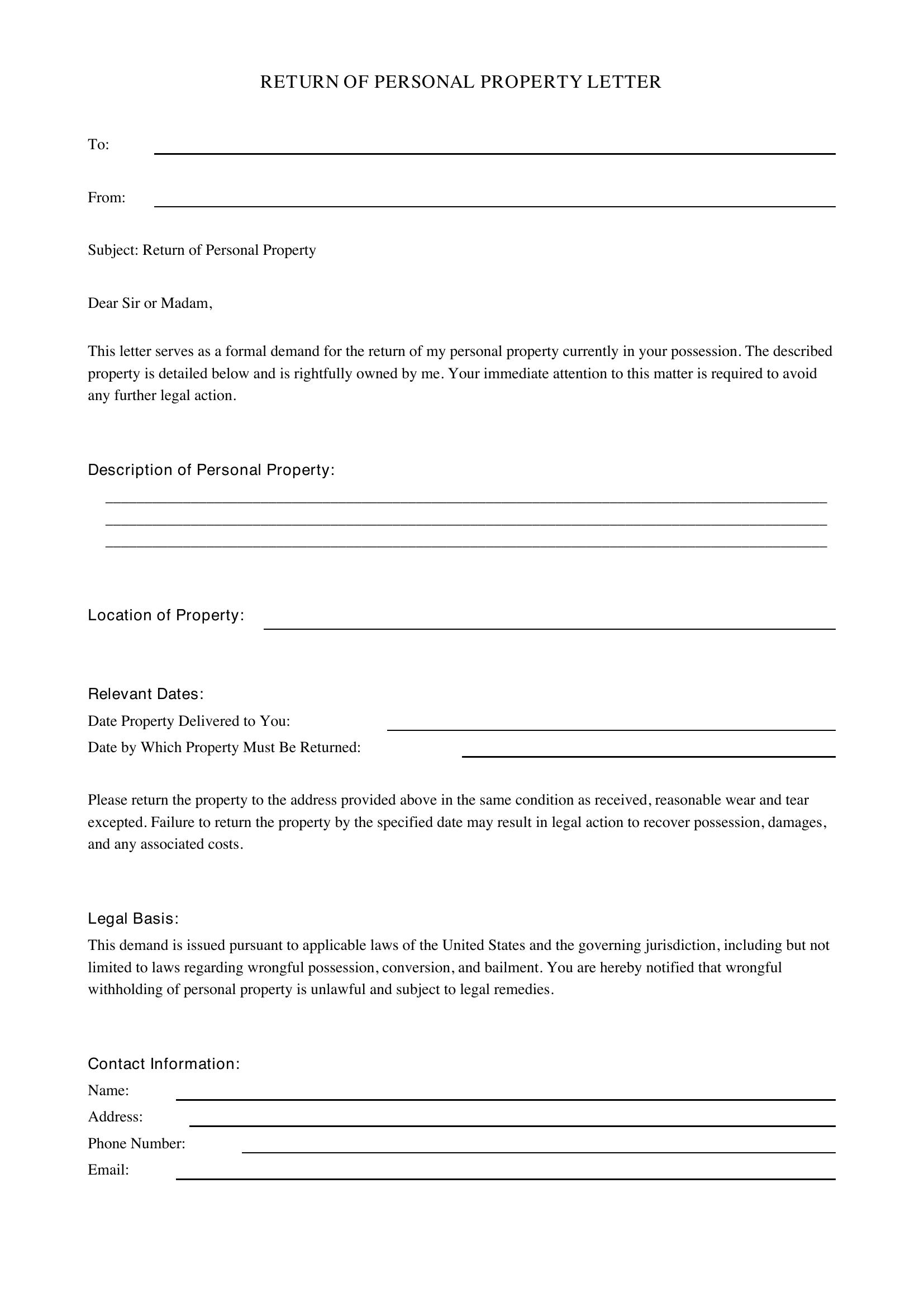 Return Of Personal Property Letter Template