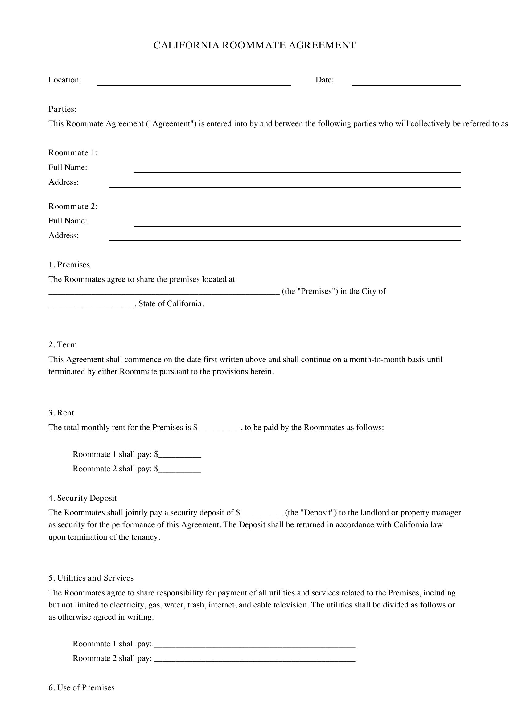 Roommate Agreement Template California