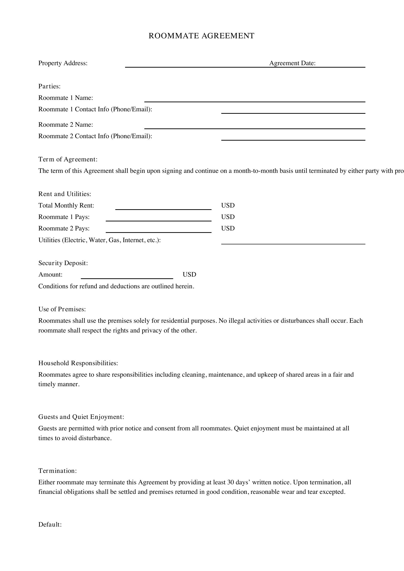 Roommate Agreement Template