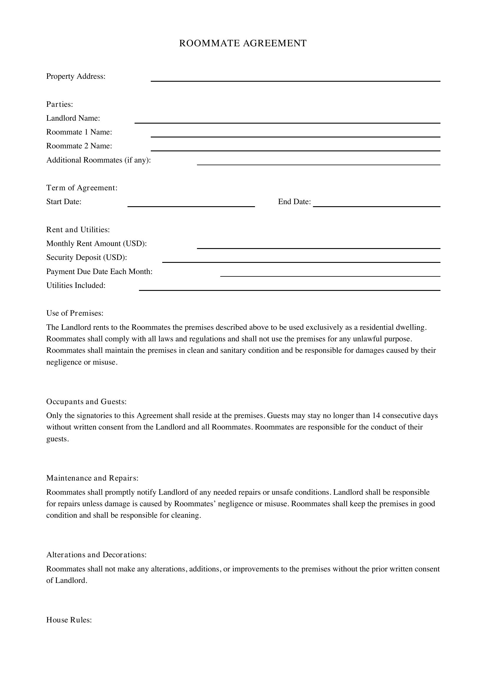 Roommate Contract Template