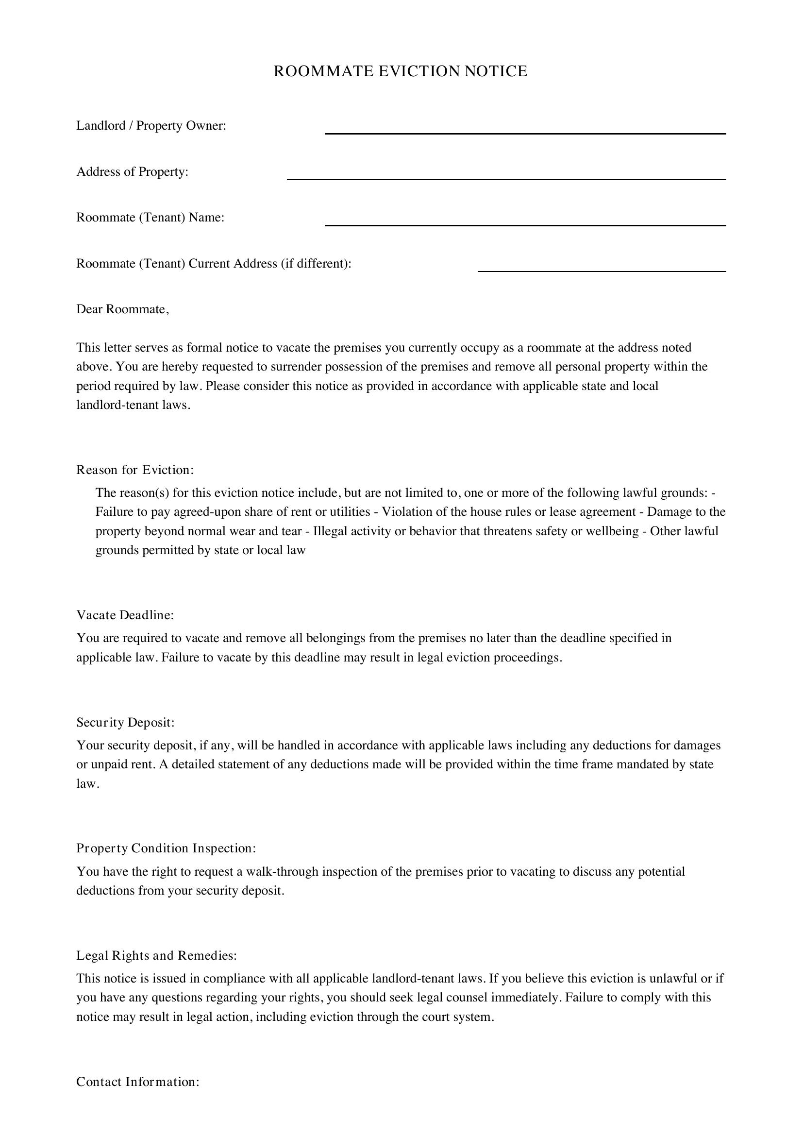 Roommate Eviction Notice Template