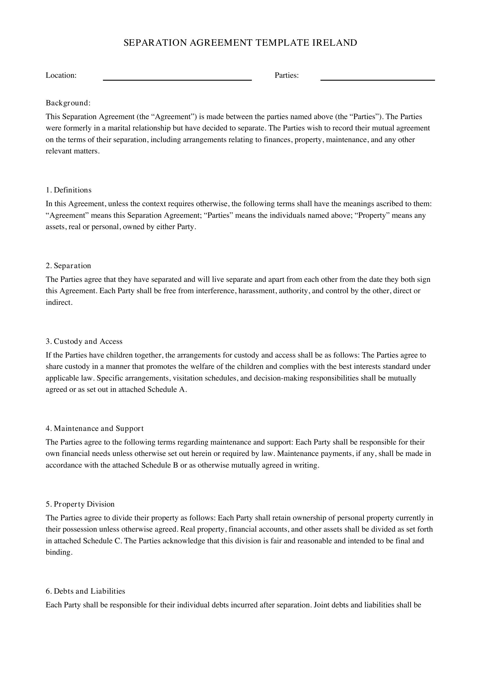 Separation Agreement Template Ireland
