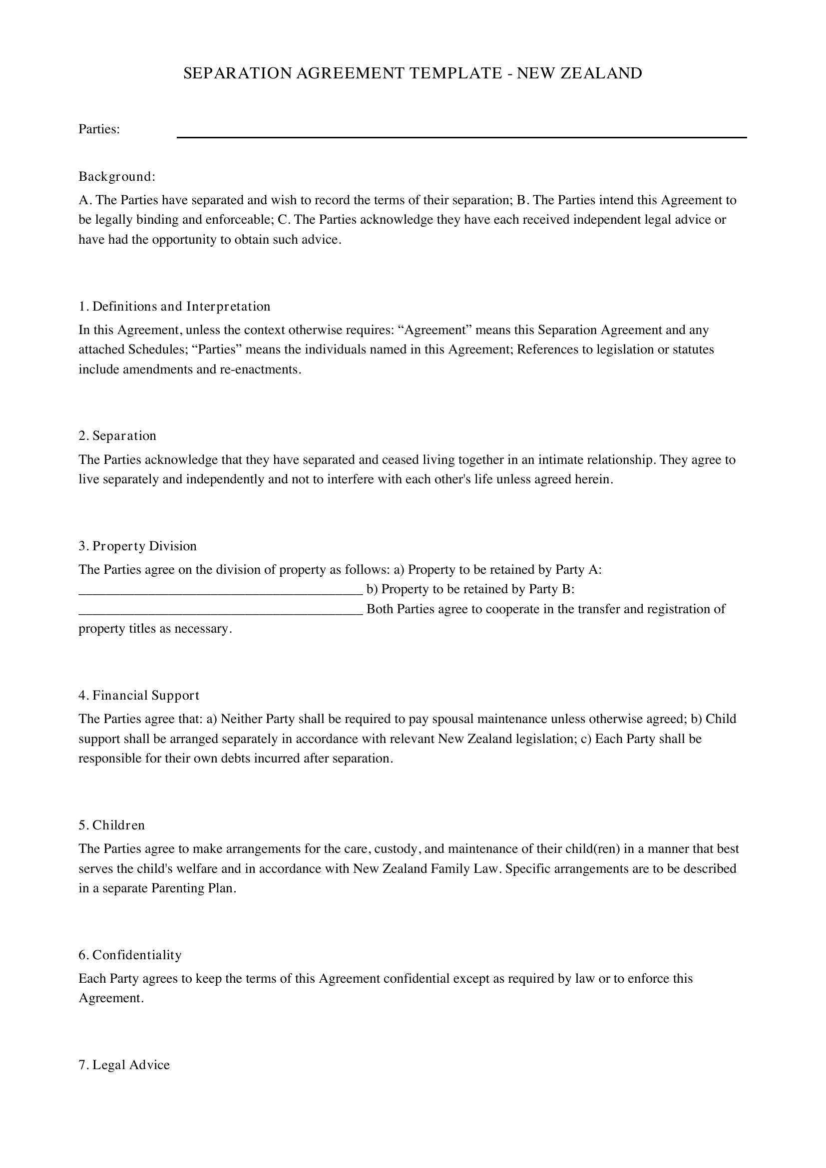 Separation Agreement Template Nz