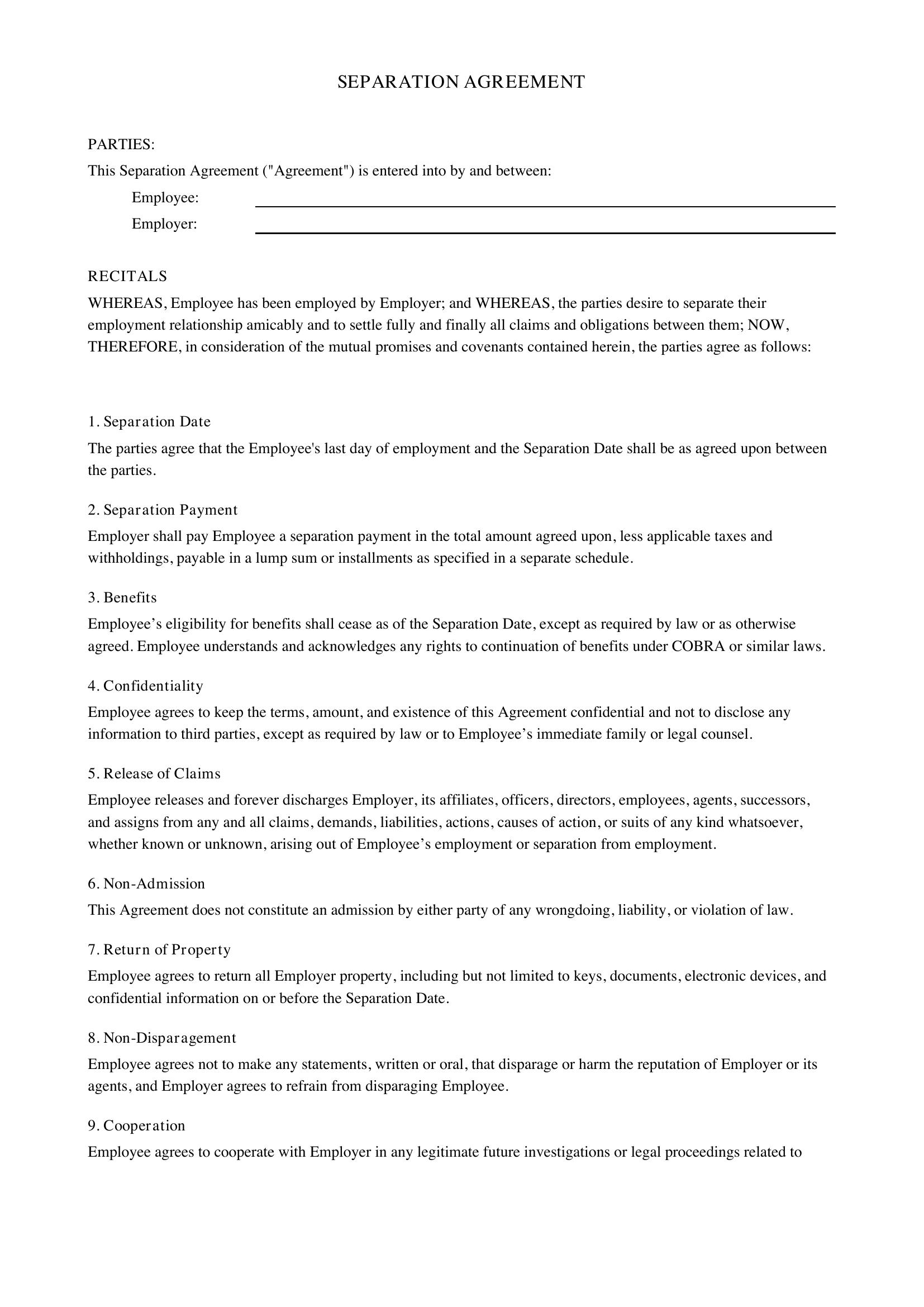 Separation Agreement Template Pa