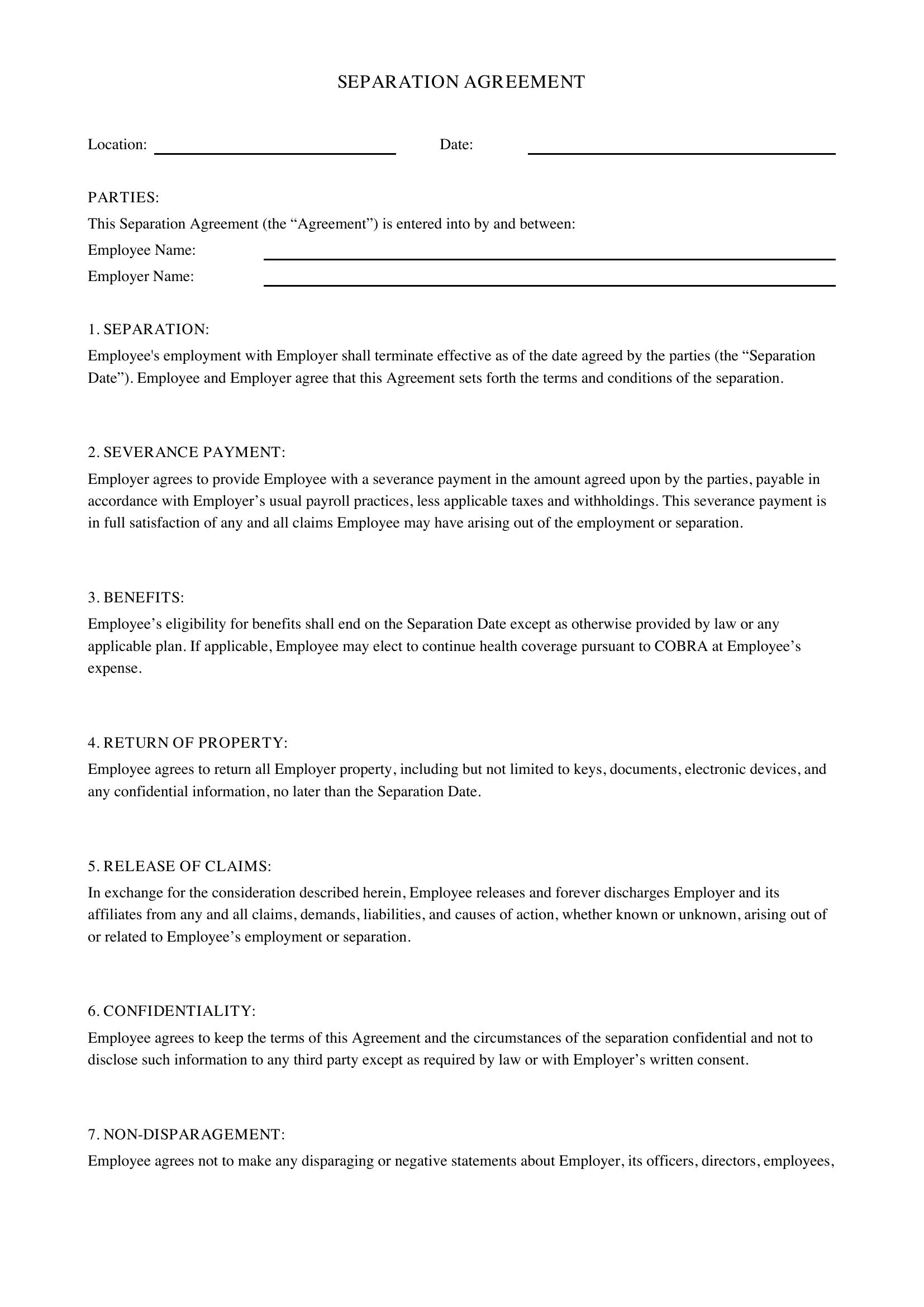 Separation Agreement Template