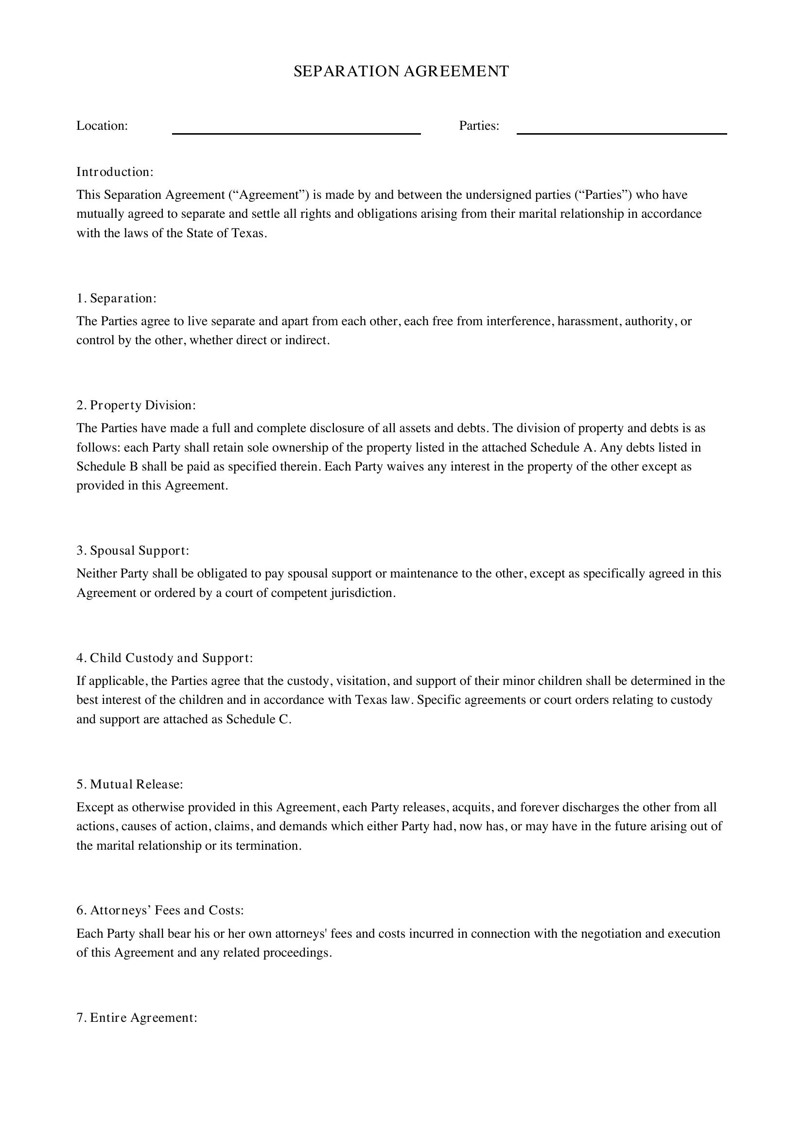 Separation Agreement Texas Template