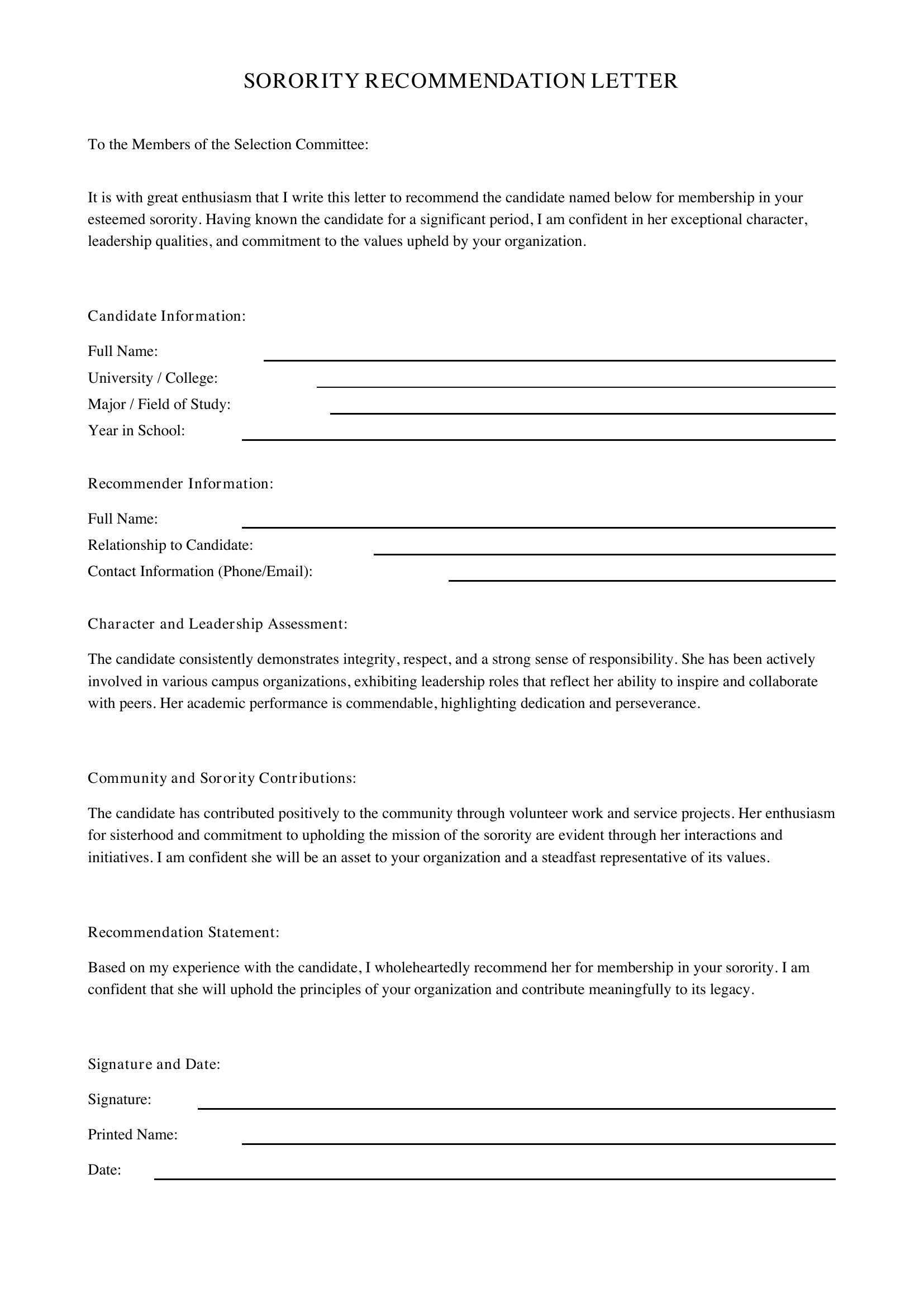 Sorority Recommendation Letter Template