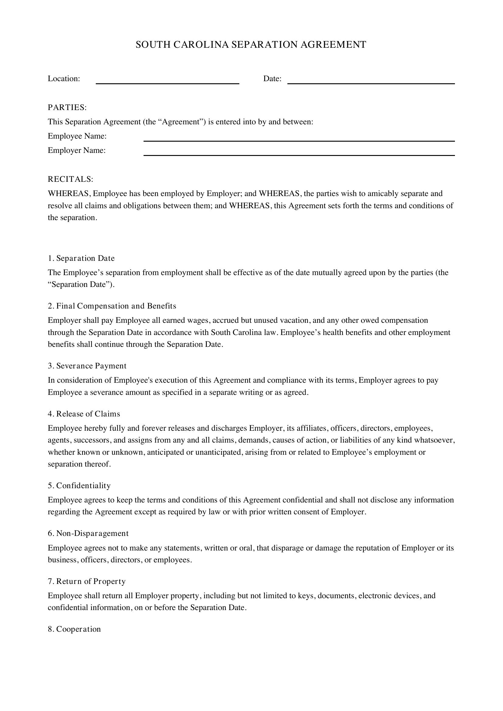 South Carolina Separation Agreement Template