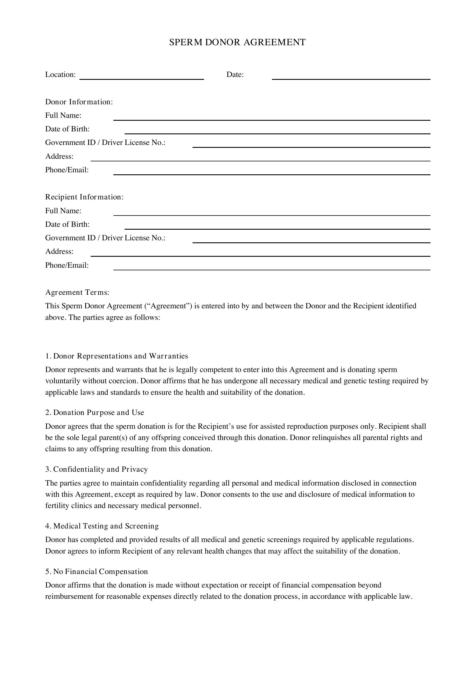 Sperm Donor Agreement Template