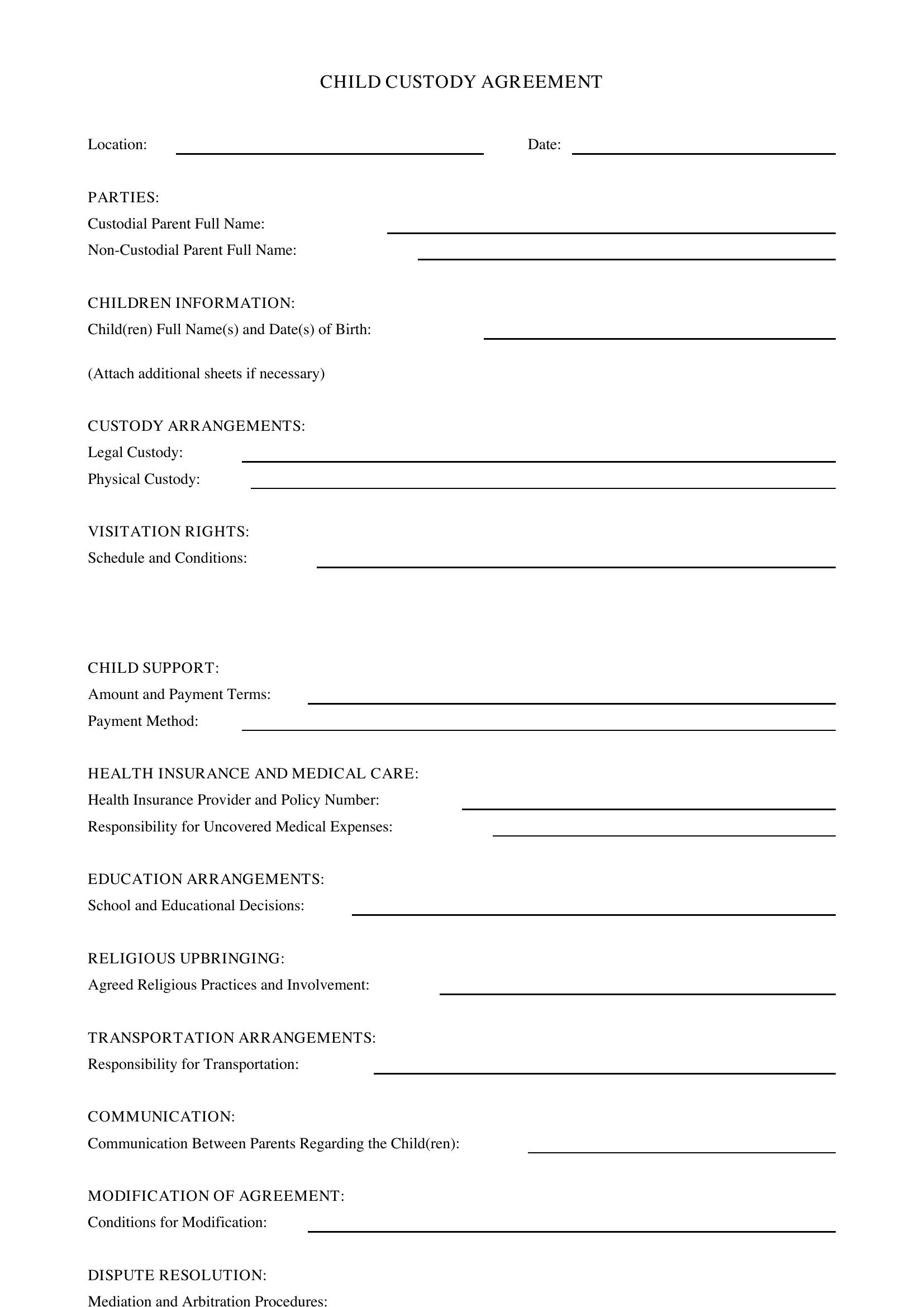 Template Child Custody Agreement Without Court
