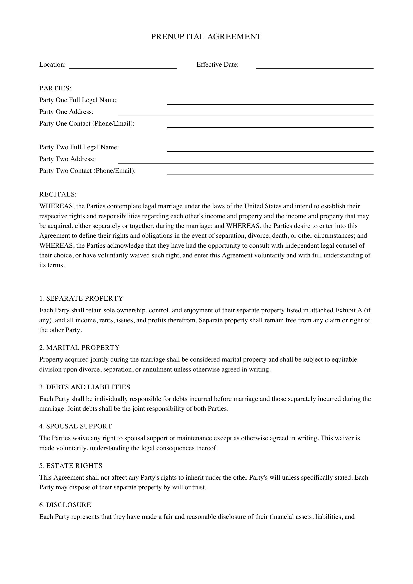 Template Printable Prenuptial Agreement Sample