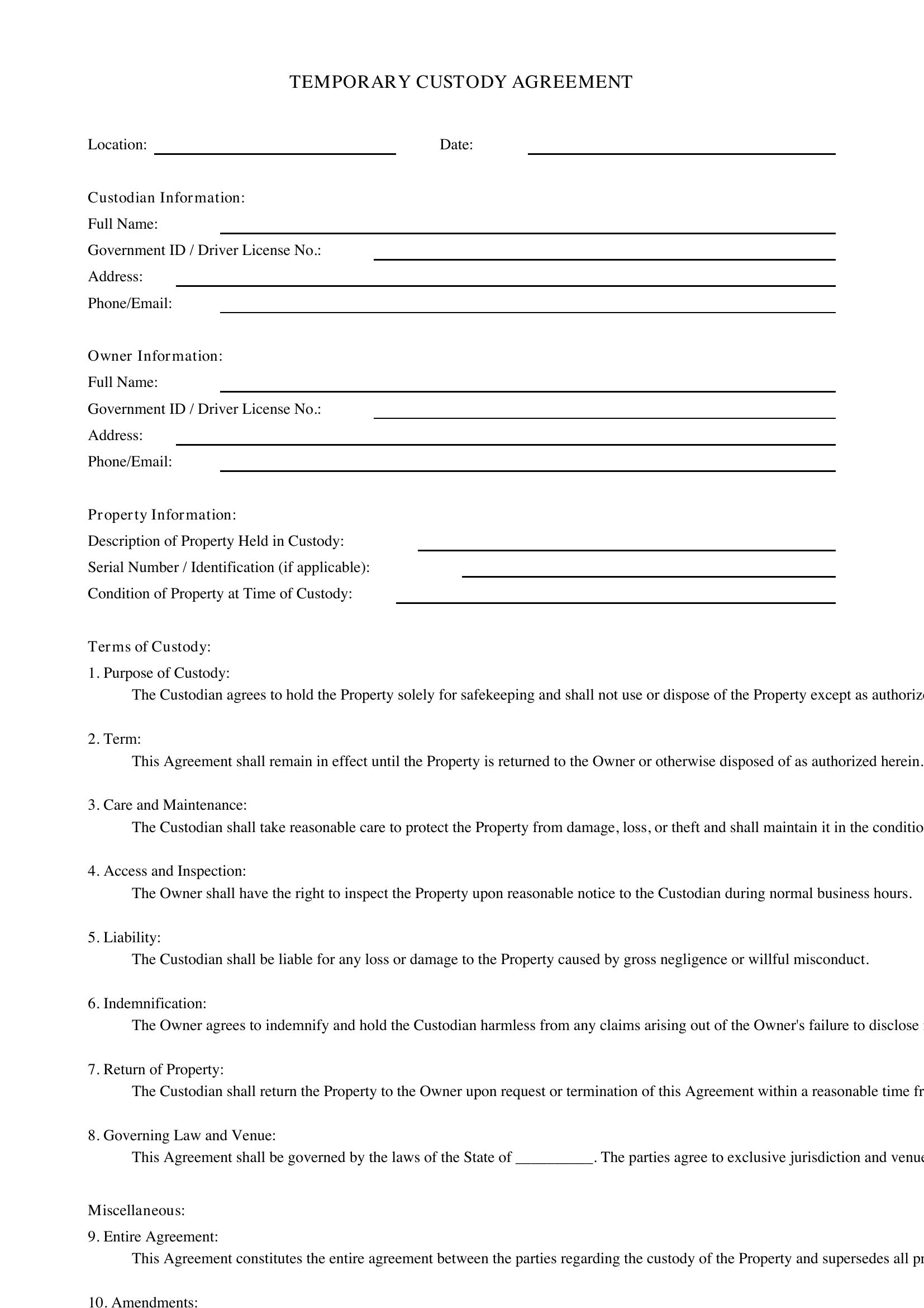 Temporary Custody Agreement Template