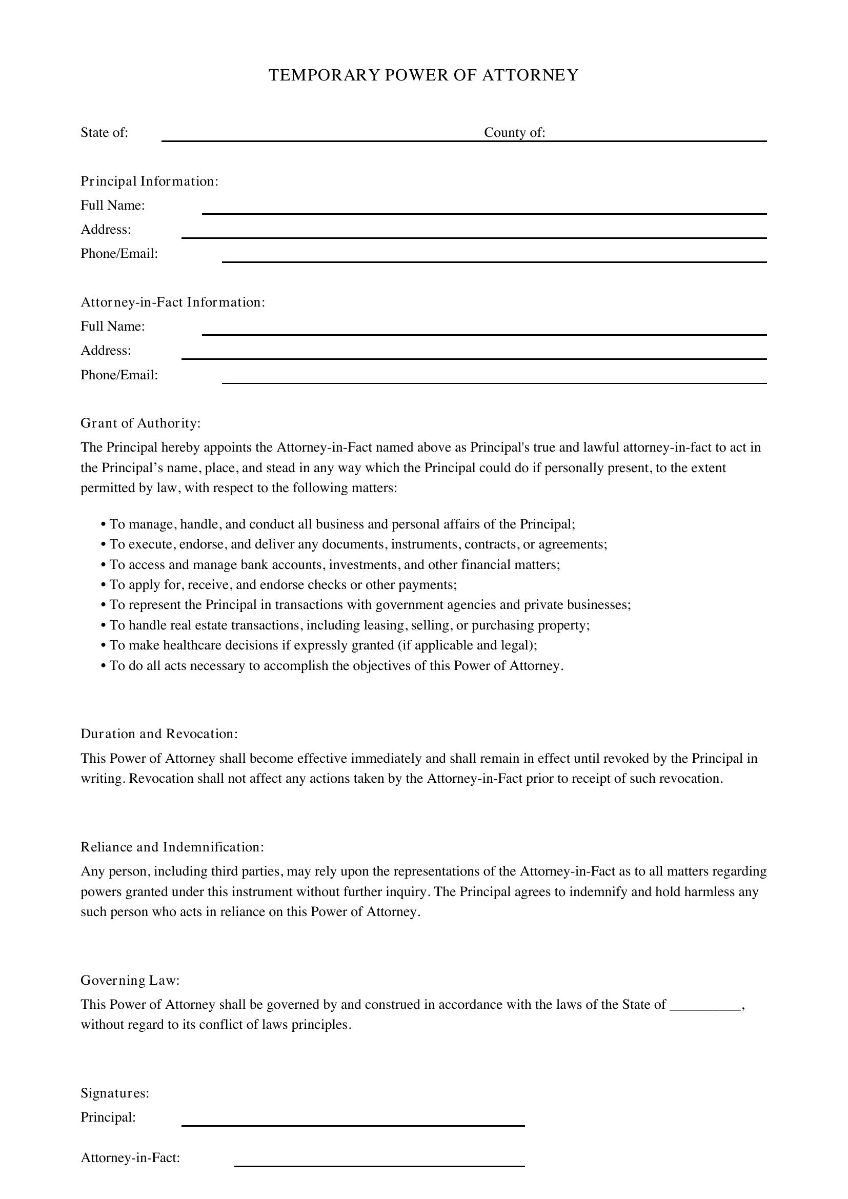 Temporary Power Of Attorney Template