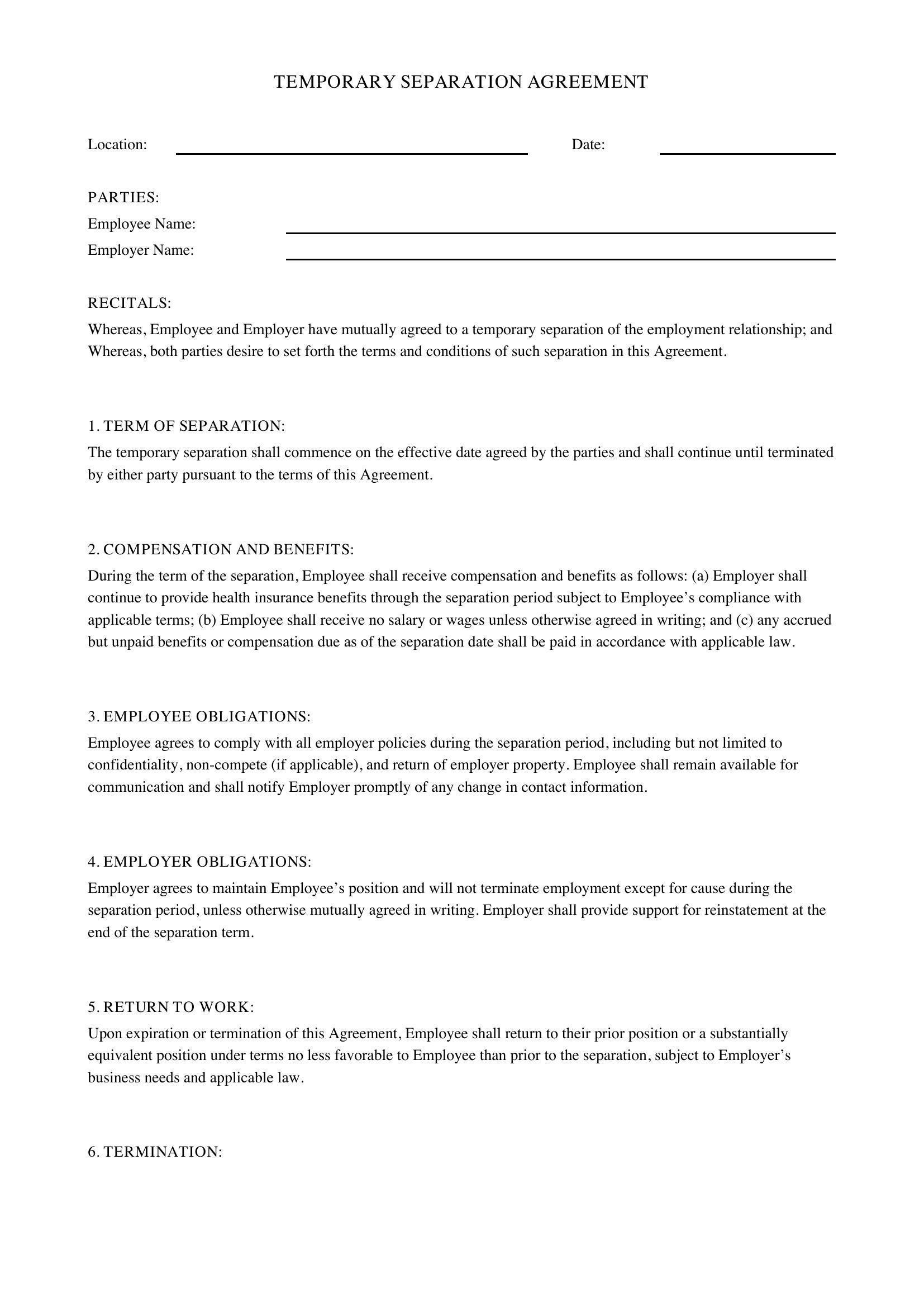 Temporary Separation Agreement Template