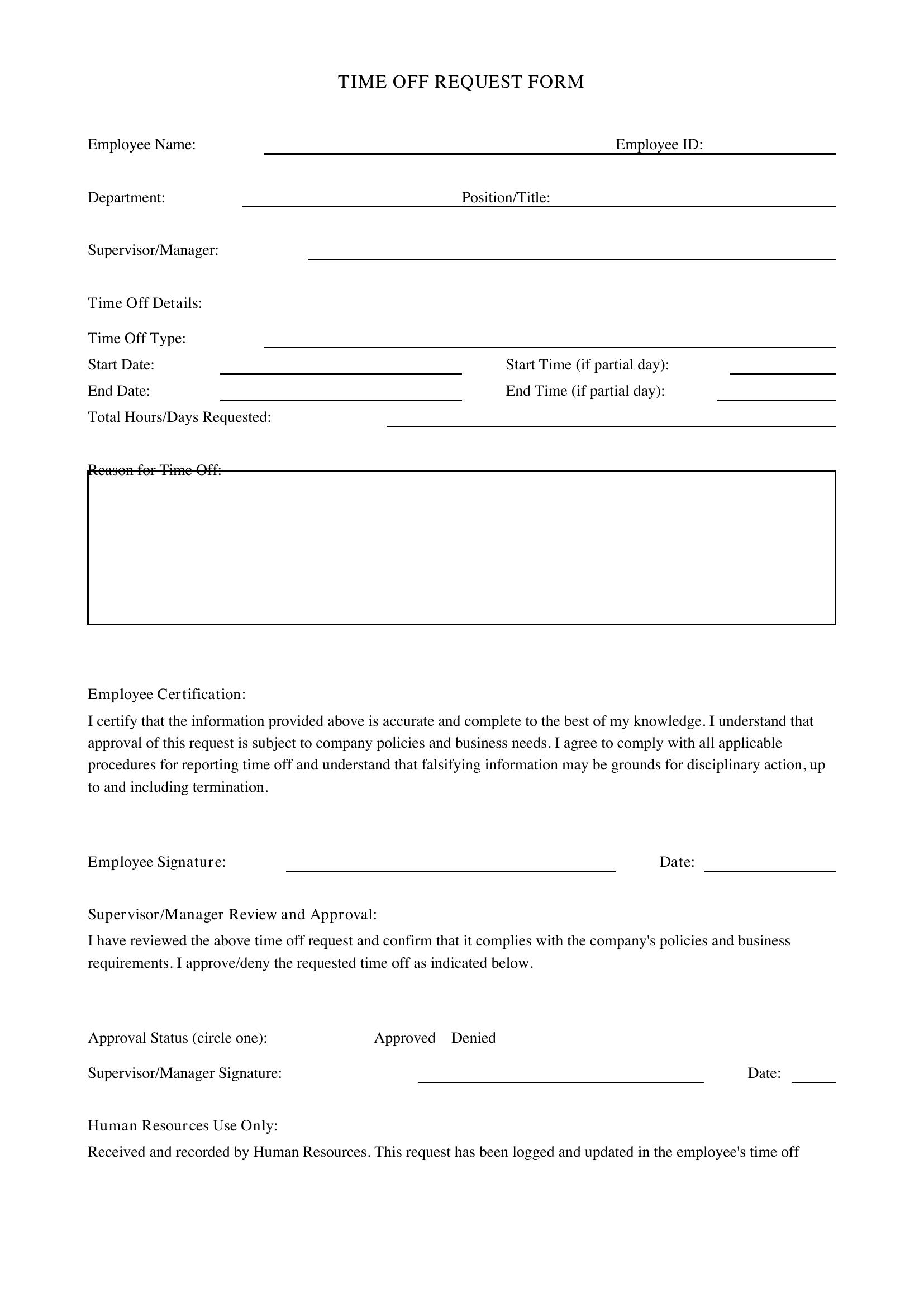 Time Off Request Form Template