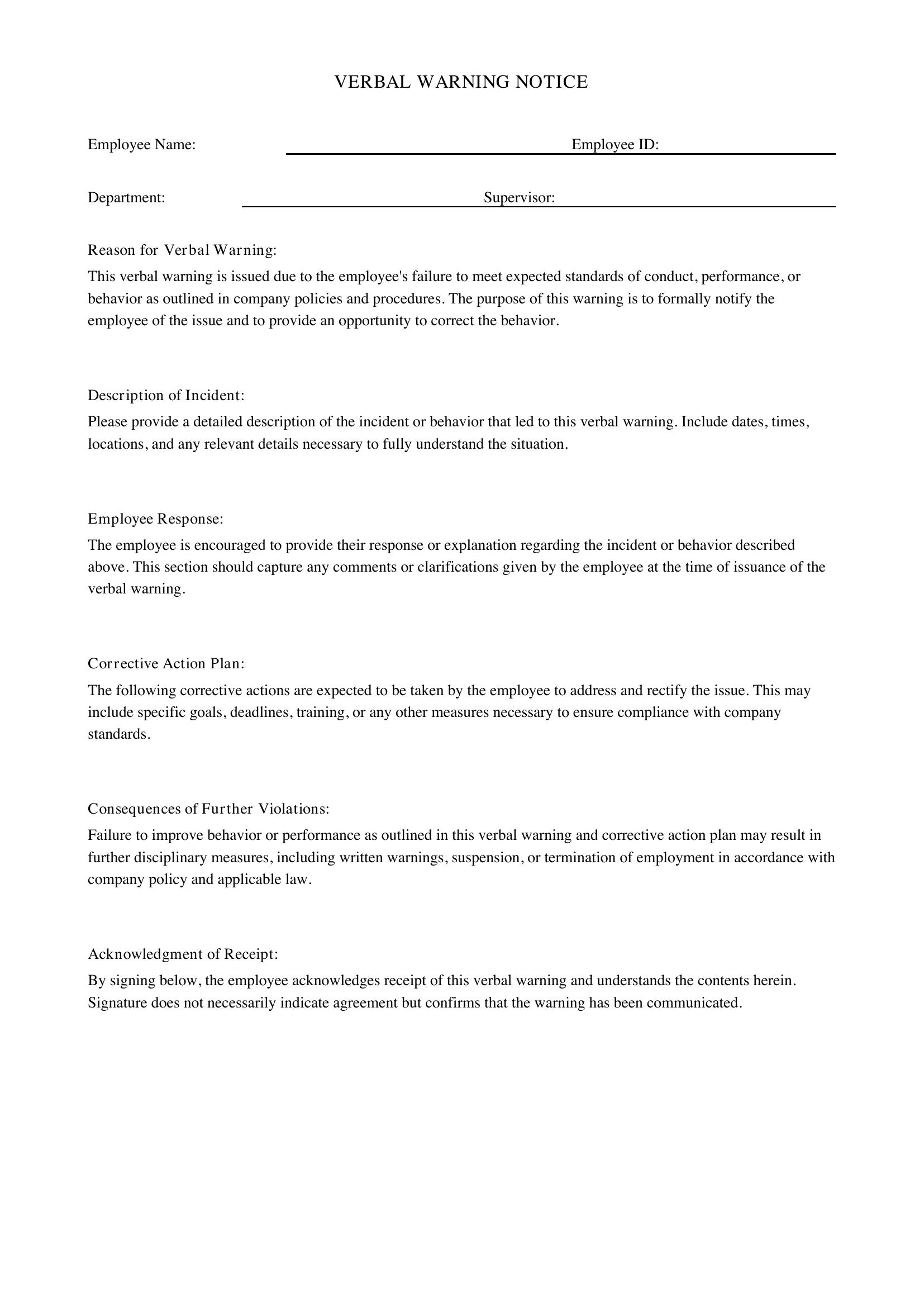 Verbal Warning Template