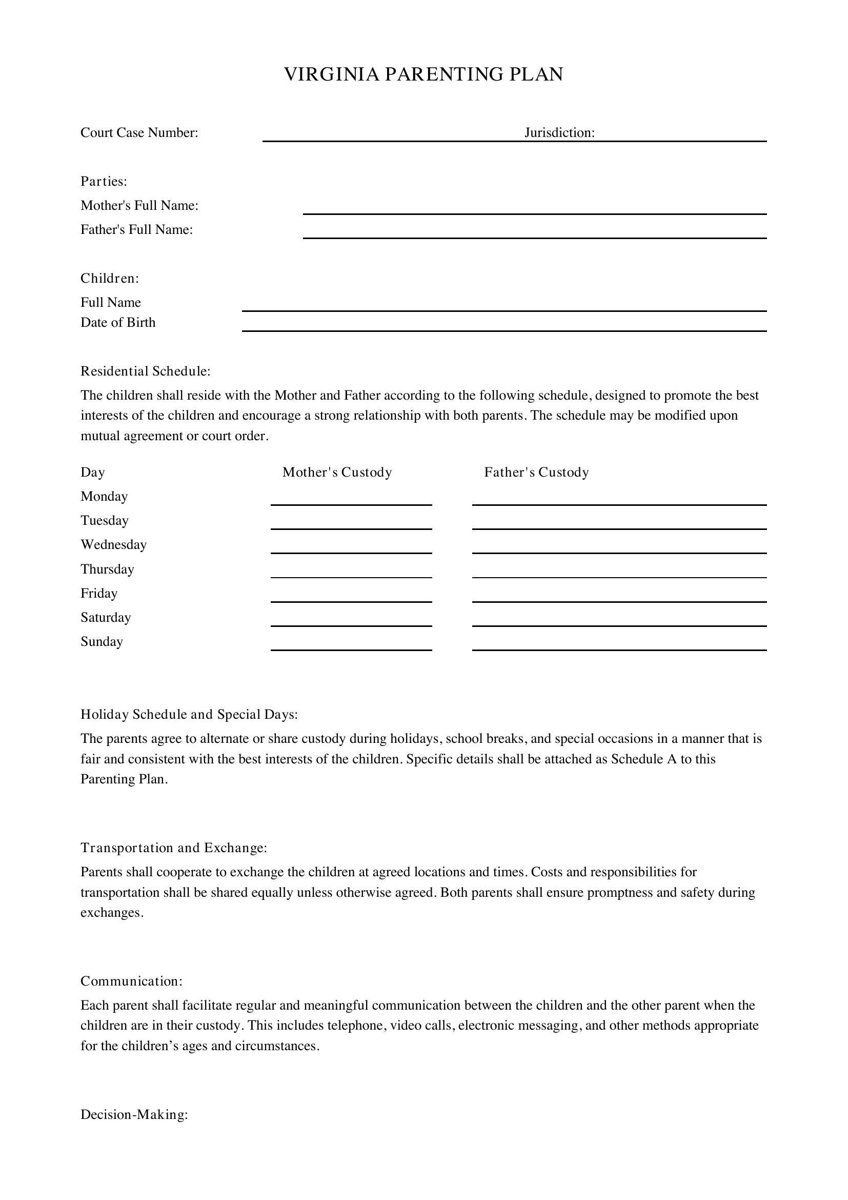 Virginia Parenting Plan Template