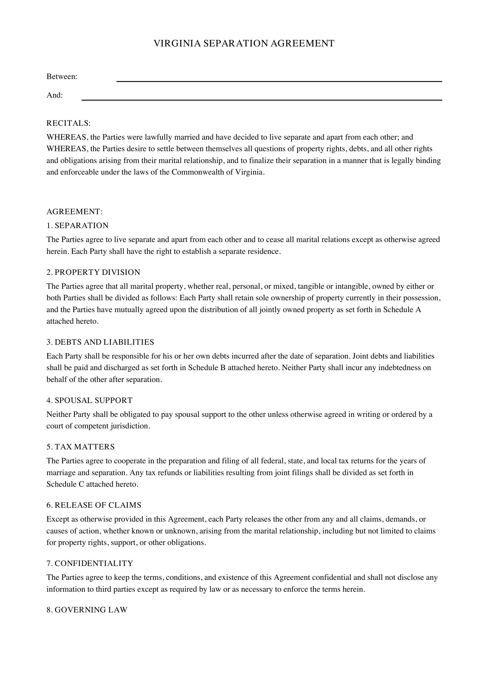 Virginia Separation Agreement Template
