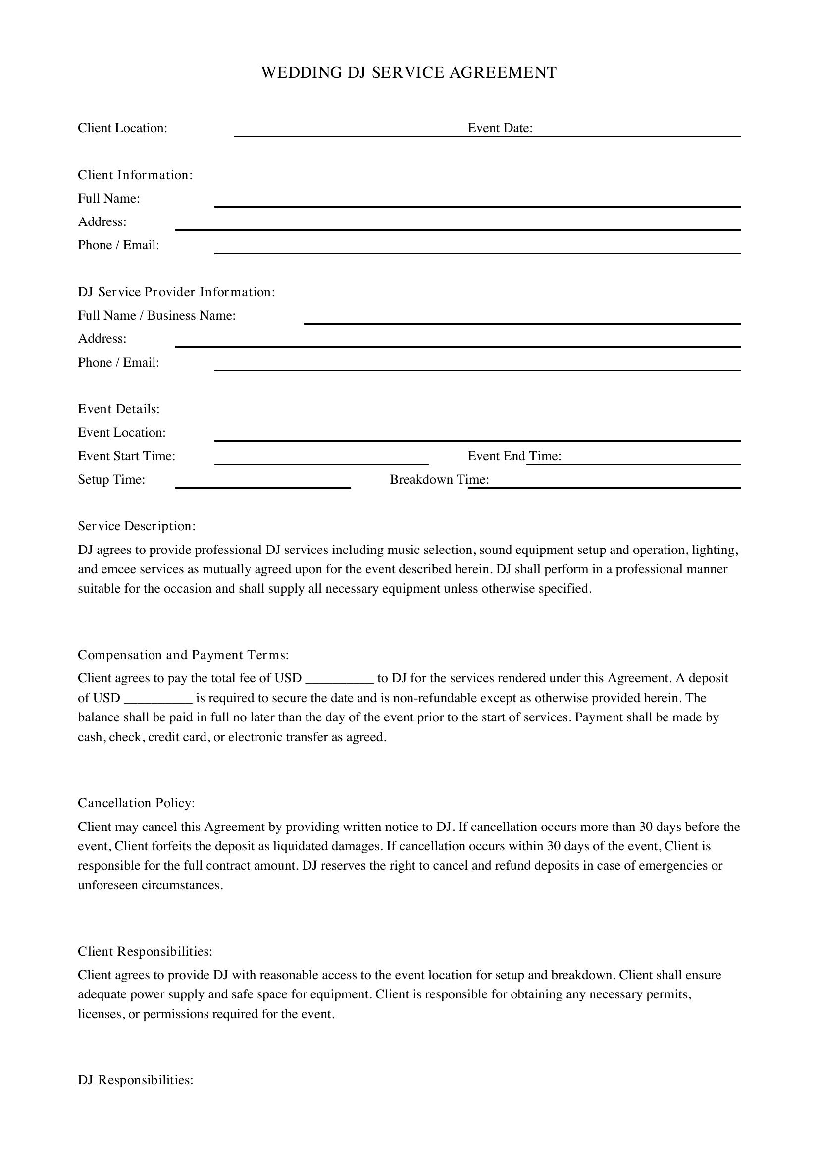 Wedding Dj Contract Template