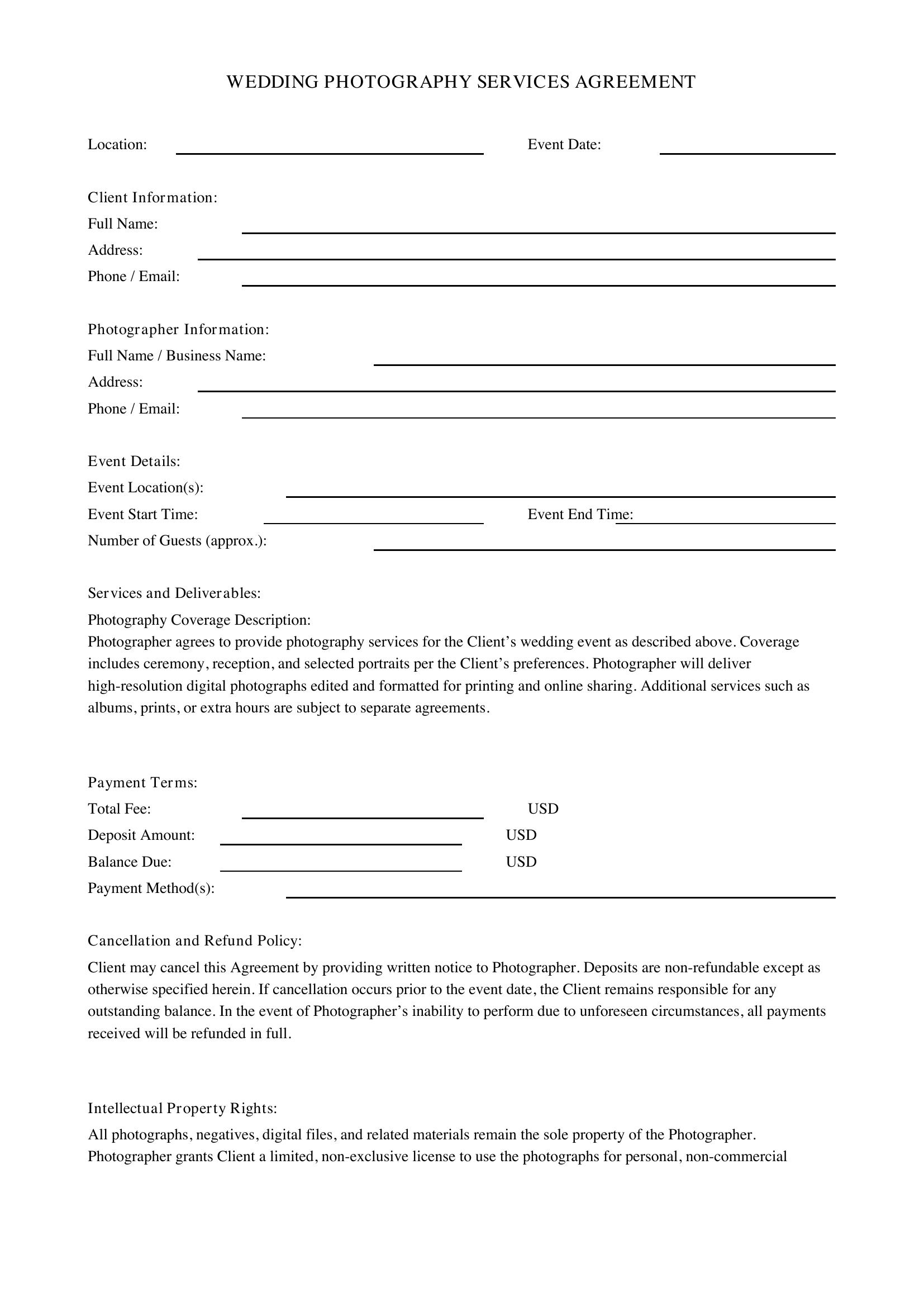 Wedding Photography Contract Template